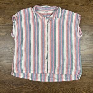 Orvis Shirt Womens XL Multicolor Striped Short Sleeve Button Up Linen Casual